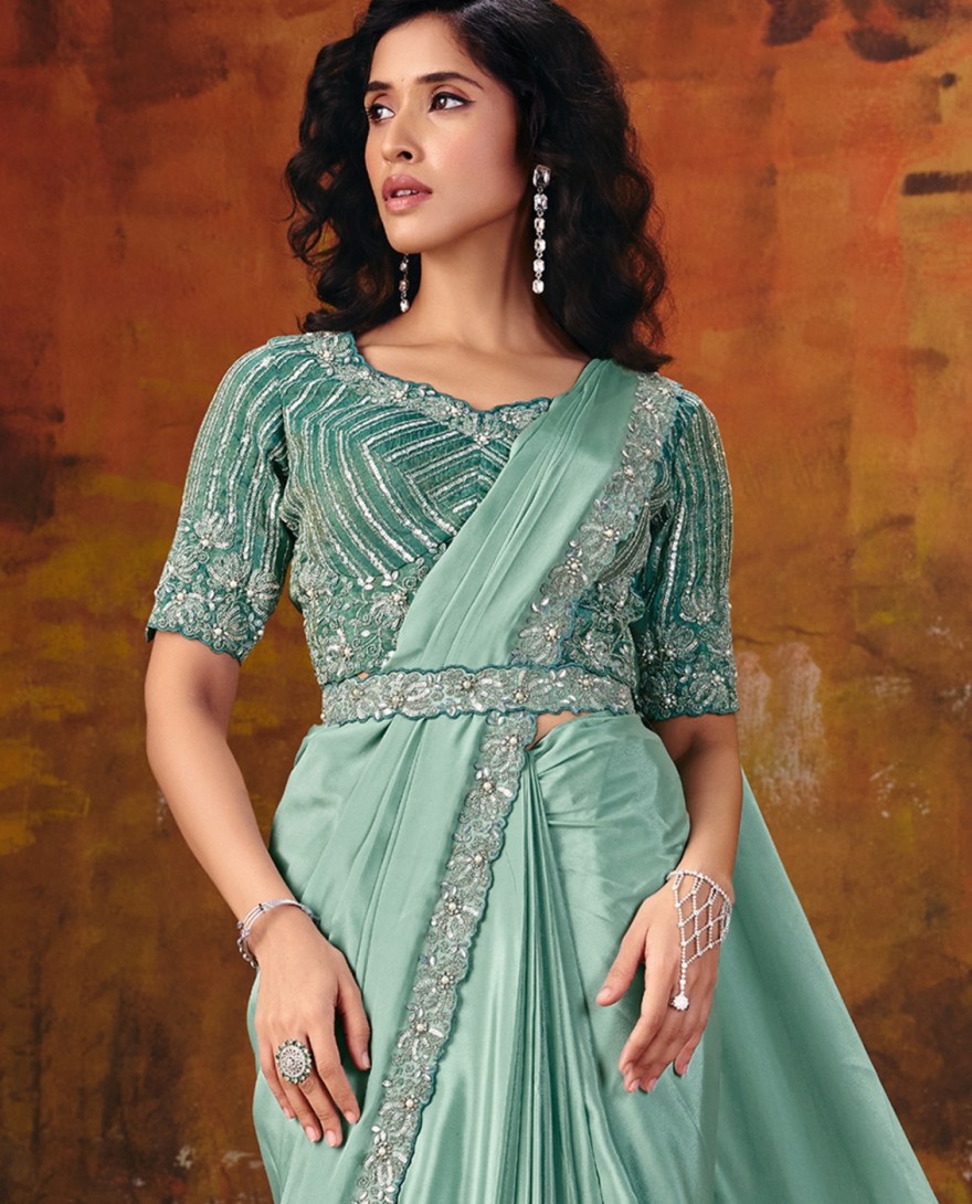 27110 - Sea Green Embroidered Wedding Party Designer Saree
